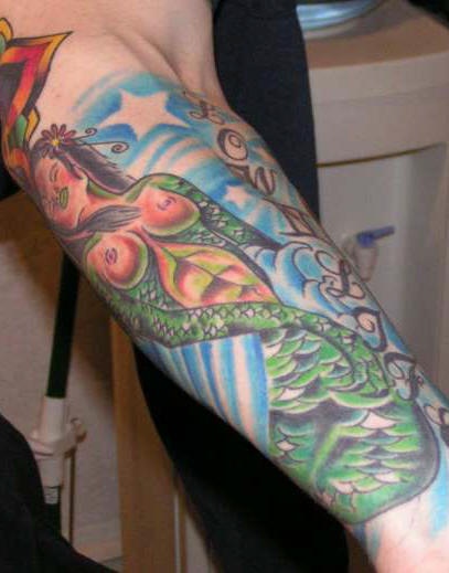 Mythical mermaid beast colourful sleeve tattoo