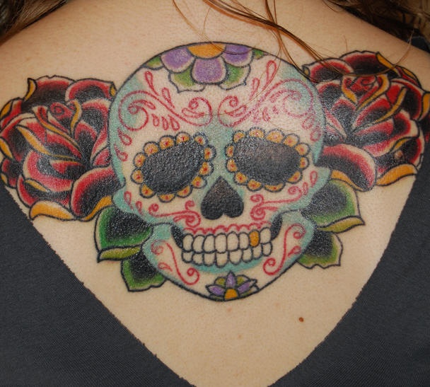 Sugar skull with roses  tattoo in colour