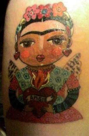 Cartoonish frida kahlo with sacred heart tattoo