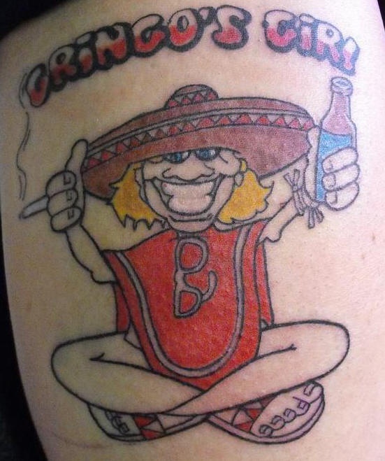 Smiling mexican drinking and smoking  tattoo