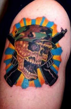 Colourful skull and guns tattoo