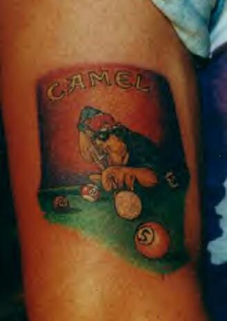Camel playing pool coloured tattoo
