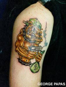 Humanized bulldog with gun and money tattoo