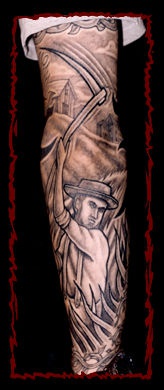 Man in field with scythe tattoo