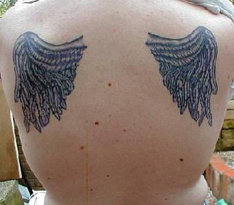 Macaroni wings tattoo on back