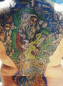 Super detailed fantasy tattoo in colour on back