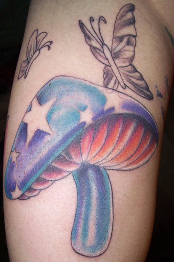 Magic mushroom and butterfly tattoo in colour