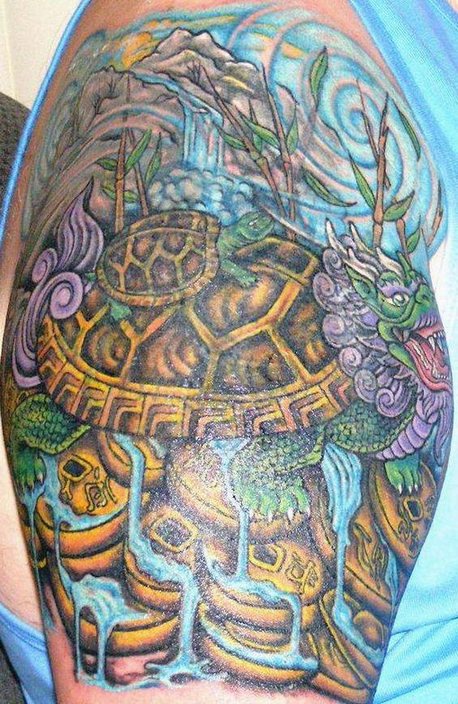 Big full color mythical turtle tattoo
