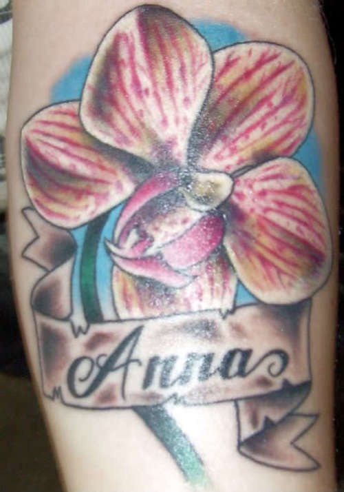 Name and orchid flower tattoo