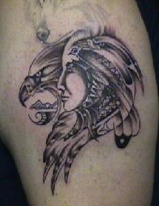 Indian girl and eagle profile tattoo