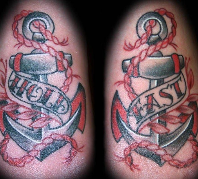 Two steel anchors with names tattoo
