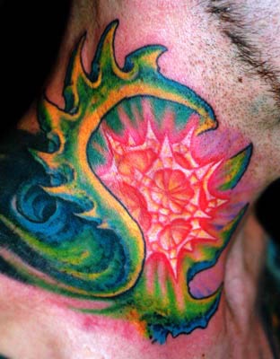 Colourful surreal art tattoo on neck