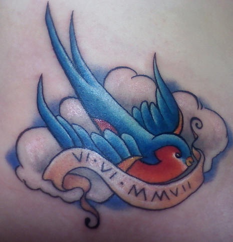 Old school tattoo of sparrow in cloud with inscription