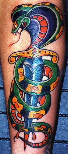Old school tattoo with colorful snake and dagger