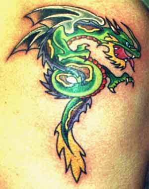 Colorful traditional tattoo with angry greed dragon