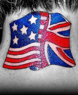 Usa and britain flags tattoo on neck
