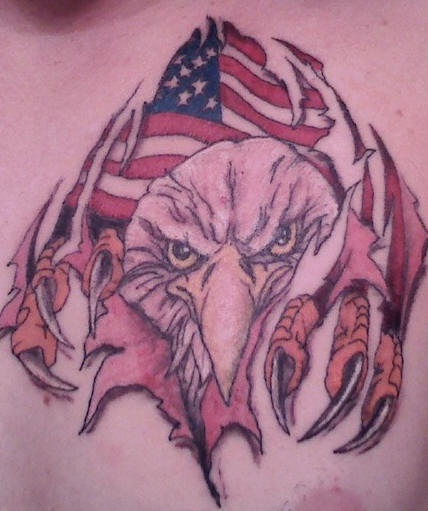 Patriotic eagle under skin rip tattoo