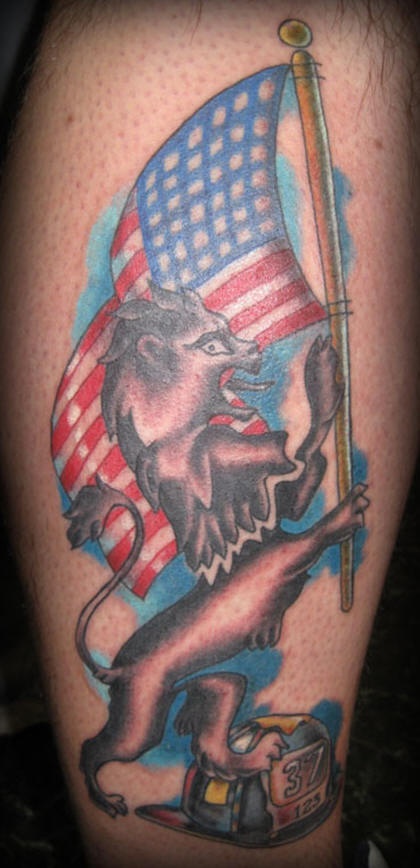Rampant lion with usa flag tattoo