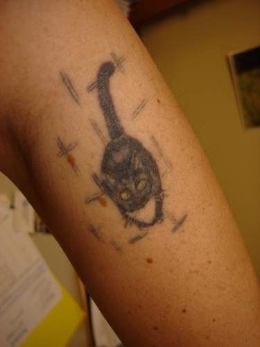 gatto nero in attesa tatuaggio sul braccio