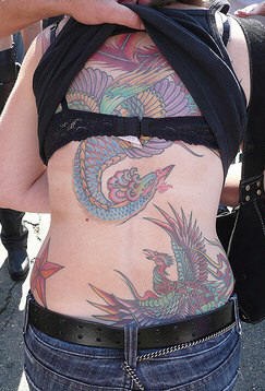 Phoenix themed full back tattoo