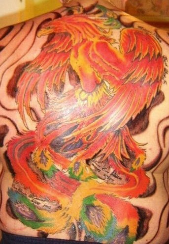 Red phoenix themed full back tattoo