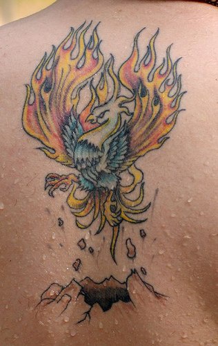 el tatuaje de la ave fenix saliendo de la tierra con sus alas como fuego hecho en la espalda