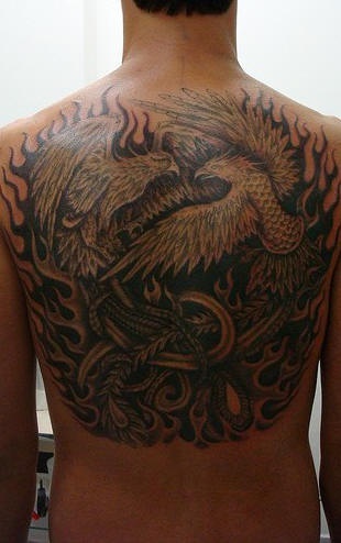 Phoenix and magic bird fight full back tattoo