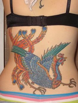 Colourful magic bird tattoo on back