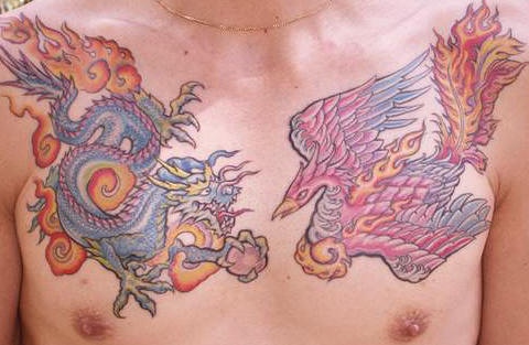 Phoenix and asian dragon tattoo on chest