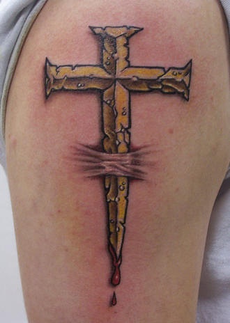 Piercing skin golden cross tattoo