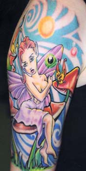 Naked fairy on magic mushrooms tattoo