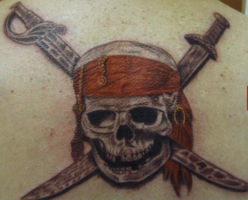 el tatuaje de una calavera realista con espadas cruzadas