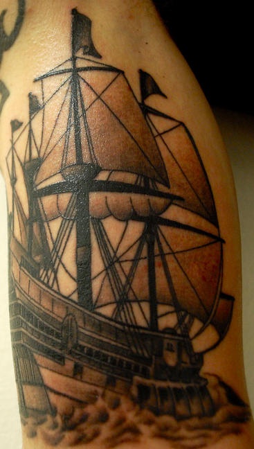 Pirate sailing vessel black ink tattoo