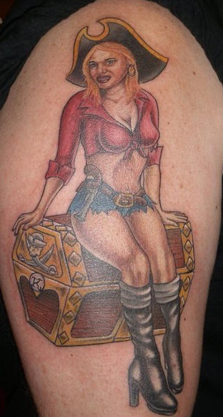 Pirate girl on treasure chest tattoo