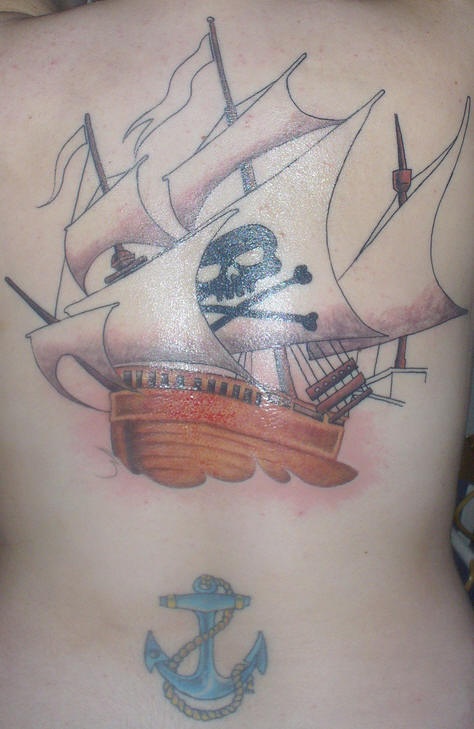 Pirate ship and anchor tattoo