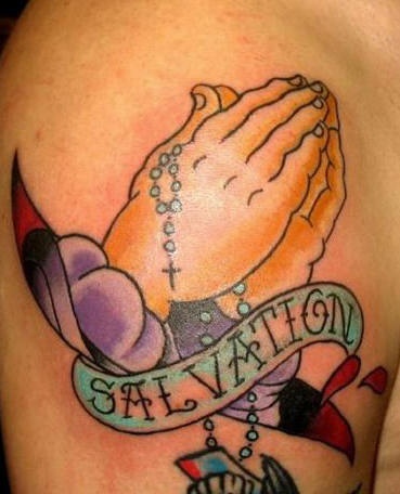 Praying hands and rosary with salvation tattoo