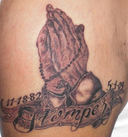 Praying hands with rosary memorial tattoo