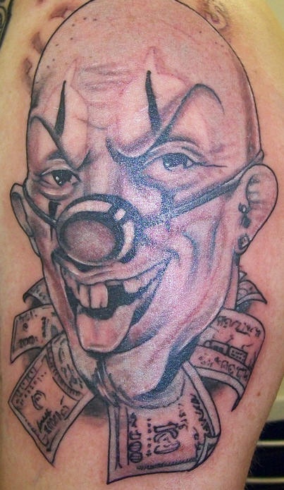 Psycho clown in dollars bow tattoo