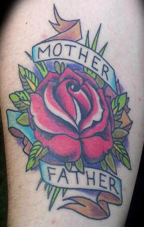 Red rose with mother and father tattoo