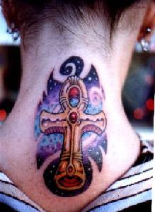 Golden ankh in cosmos tattoo on neck