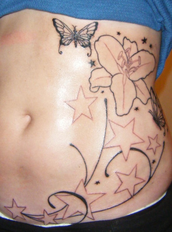 Ribs tattoo, beautiful flower, designed with stars and butterfly