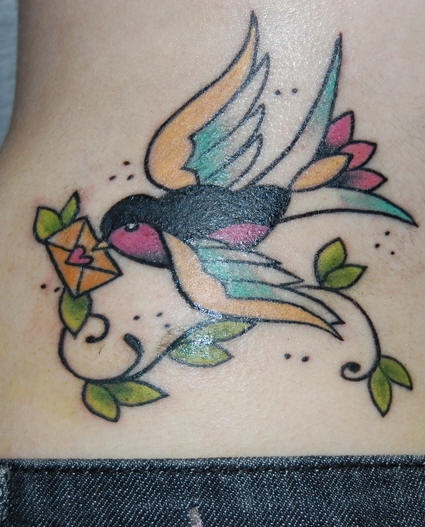 Rib tattoo, swallow flying with news