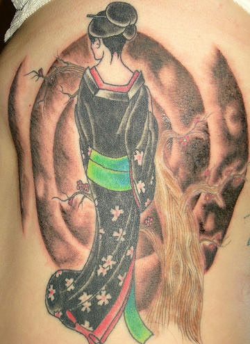 Rib tattoo, charming, handsome, geisha staying backwards