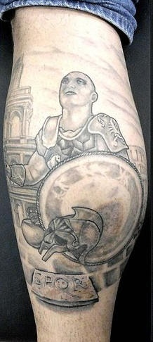 Roman gladiator black ink tattoo