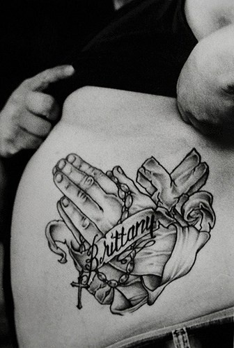 Praying hands with cross and rosary tattoo