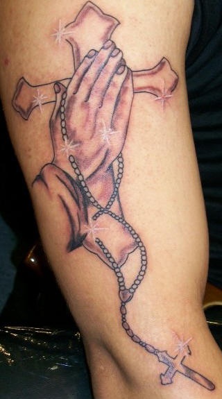 Praying hands with rosary and cross tattoo