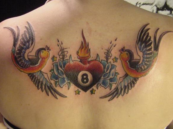 Colored sacred heart and sparrow back tattoo