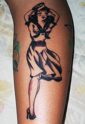 Black ink sailor pin up girl tattoo