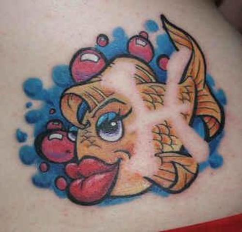 Sexy lady fish tattoo with pink bubbles