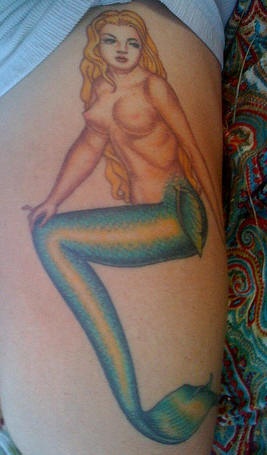 Sexy blonde naked mermaid tattoo